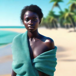 A high-quality, realistic digital art piece portrays an attractive 18-year-old girl with dark skin on a sandy beach