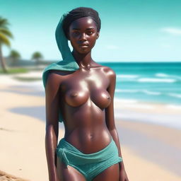 A high-quality, realistic digital art piece portrays an attractive 18-year-old girl with dark skin on a sandy beach