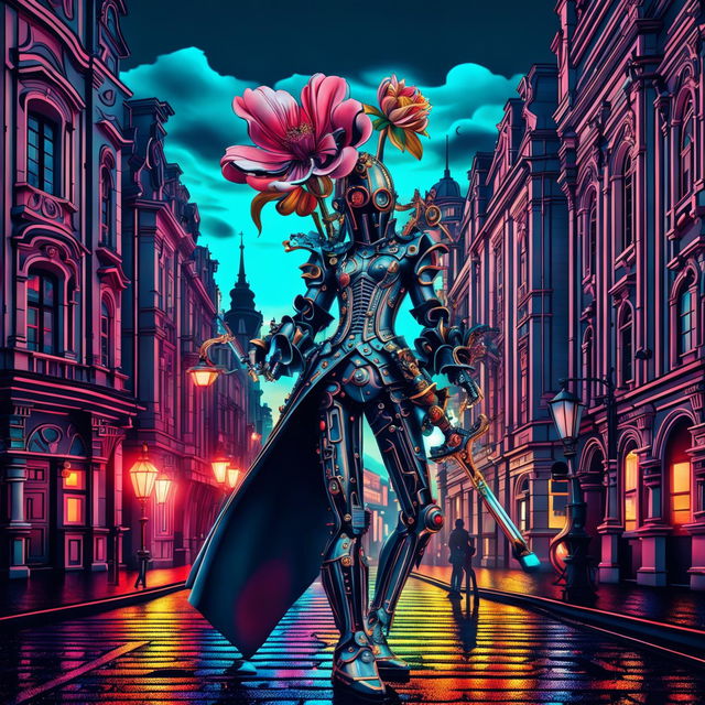 A hyper-realistic 3D Rococo cityscape in cyberpunk style with a robotic figure holding a futuristic sword and vibrant flower amidst neon lights.