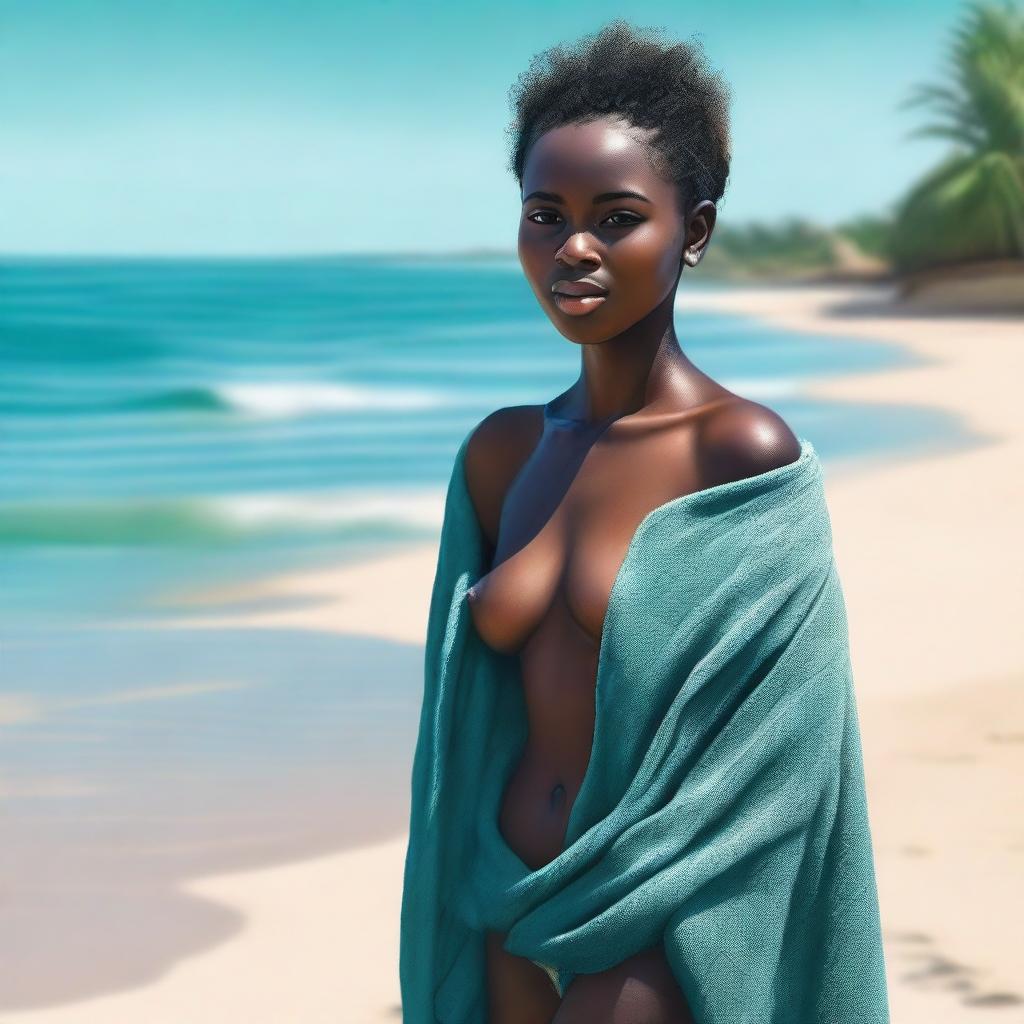 A high-resolution, realistic digital painting showcases an 18-year-old girl with dark skin at a sandy beach