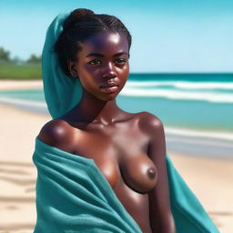 A high-resolution, realistic digital painting showcases an 18-year-old girl with dark skin at a sandy beach
