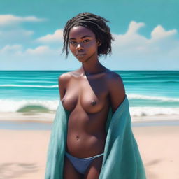 A high-resolution, realistic digital painting showcases an 18-year-old girl with dark skin at a sandy beach