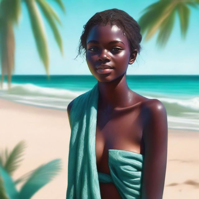 A high-resolution, realistic digital painting showcases an 18-year-old girl with dark skin at a sandy beach