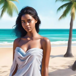 This high-quality, realistic digital artwork features an attractive 18-year-old girl with light brown skin on a sandy beach