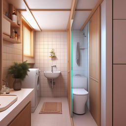 Interior design for a 5.4 cubic meter bathroom, including a toilet with privacy partition and washing machine, efficient space utilization