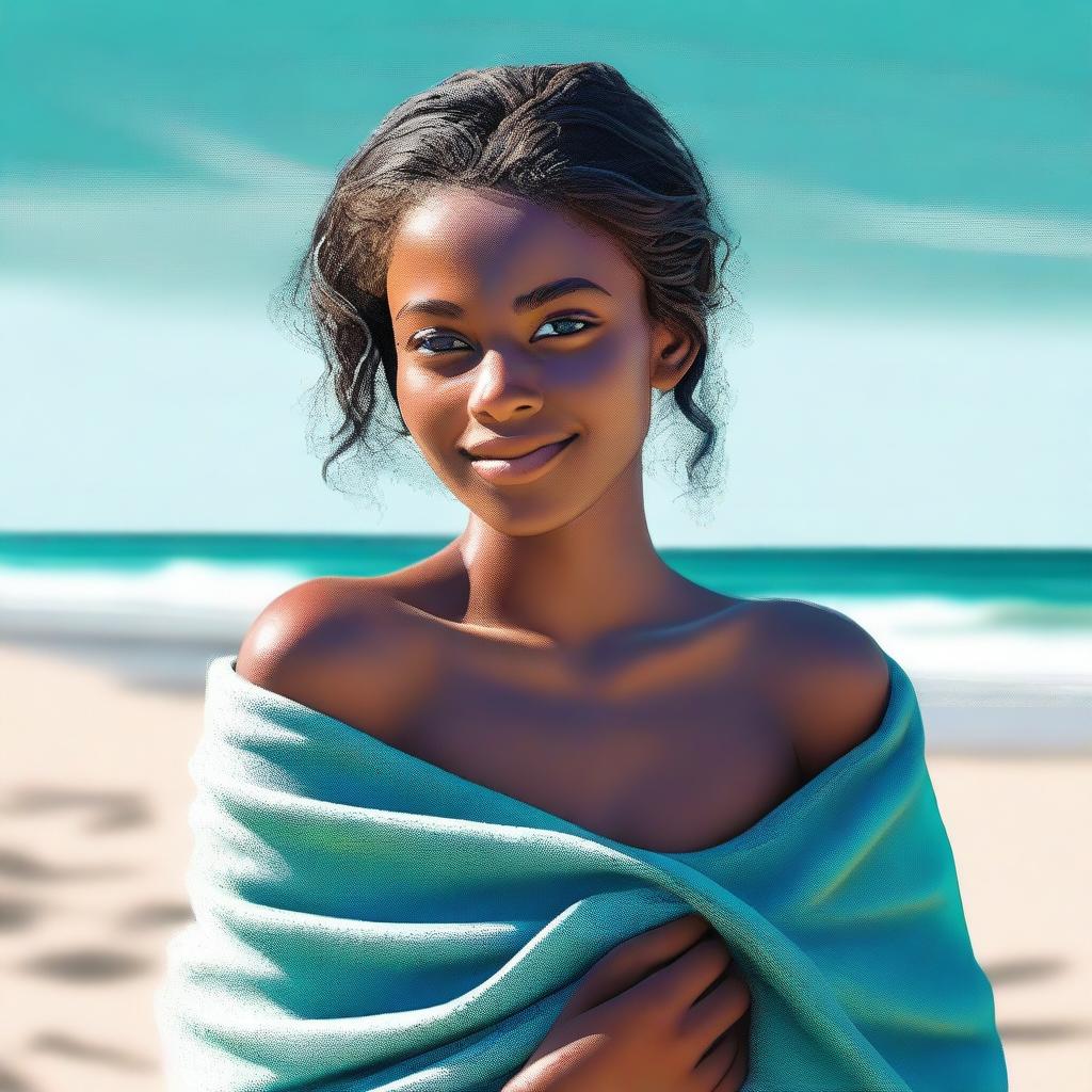 This digital art piece of the highest quality portrays an attractive 18-year-old girl with light brown skin on a sandy beach