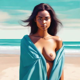 This digital art piece of the highest quality portrays an attractive 18-year-old girl with light brown skin on a sandy beach