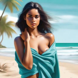 This digital art piece of the highest quality portrays an attractive 18-year-old girl with light brown skin on a sandy beach