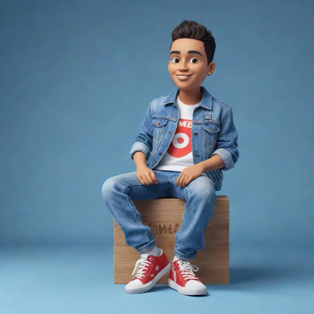 Create a 3D illustration of an animated character adorning a stylish denim jacket and sneakers, with the phrase 'med kas' on the right. This character is confidently seated on the iconic YouTube logo.