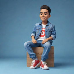 Create a 3D illustration of an animated character adorning a stylish denim jacket and sneakers, with the phrase 'med kas' on the right. This character is confidently seated on the iconic YouTube logo.