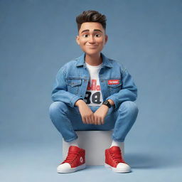 Create a 3D illustration of an animated character adorning a stylish denim jacket and sneakers, with the phrase 'med kas' on the right. This character is confidently seated on the iconic YouTube logo.