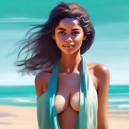 This high-definition digital painting illustrates an attractive 18-year-old girl with light brown skin on a sandy beach