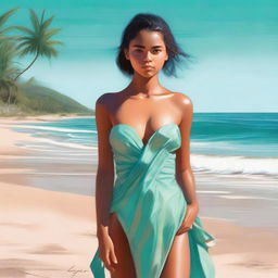 This high-definition digital painting illustrates an attractive 18-year-old girl with light brown skin on a sandy beach