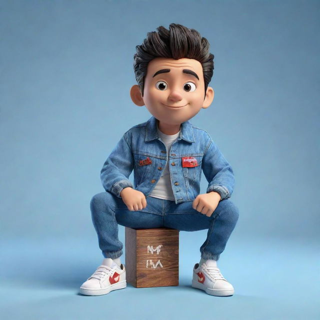 Create a 3D illustration of an animated character adorning a stylish denim jacket and sneakers, with the phrase 'med kas' on the right. This character is confidently seated on the iconic YouTube logo.