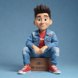 Create a 3D illustration of an animated character adorning a stylish denim jacket and sneakers, with the phrase 'med kas' on the right. This character is confidently seated on the iconic YouTube logo.