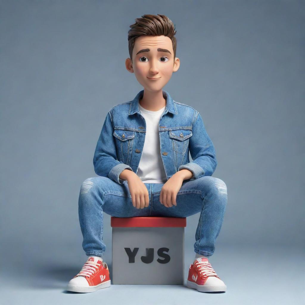 Construct a 3D illustration of a fashionably dressed animated character, with the phrase 'med kas' on the right. The character is wearing a trendy denim jacket and sneakers, casually seated on the 'YouTube' logo.