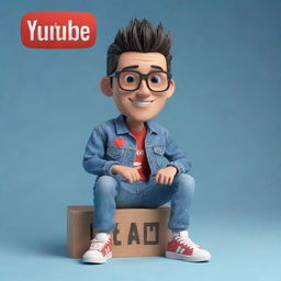 Construct a 3D illustration of a fashionably dressed animated character, with the phrase 'med kas' on the right. The character is wearing a trendy denim jacket and sneakers, casually seated on the 'YouTube' logo.