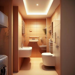 Interior design for a 5.4 cubic meter bathroom, including a toilet with privacy partition and washing machine, efficient space utilization