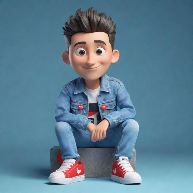 Construct a 3D illustration of a fashionably dressed animated character, with the phrase 'med kas' on the right. The character is wearing a trendy denim jacket and sneakers, casually seated on the 'YouTube' logo.