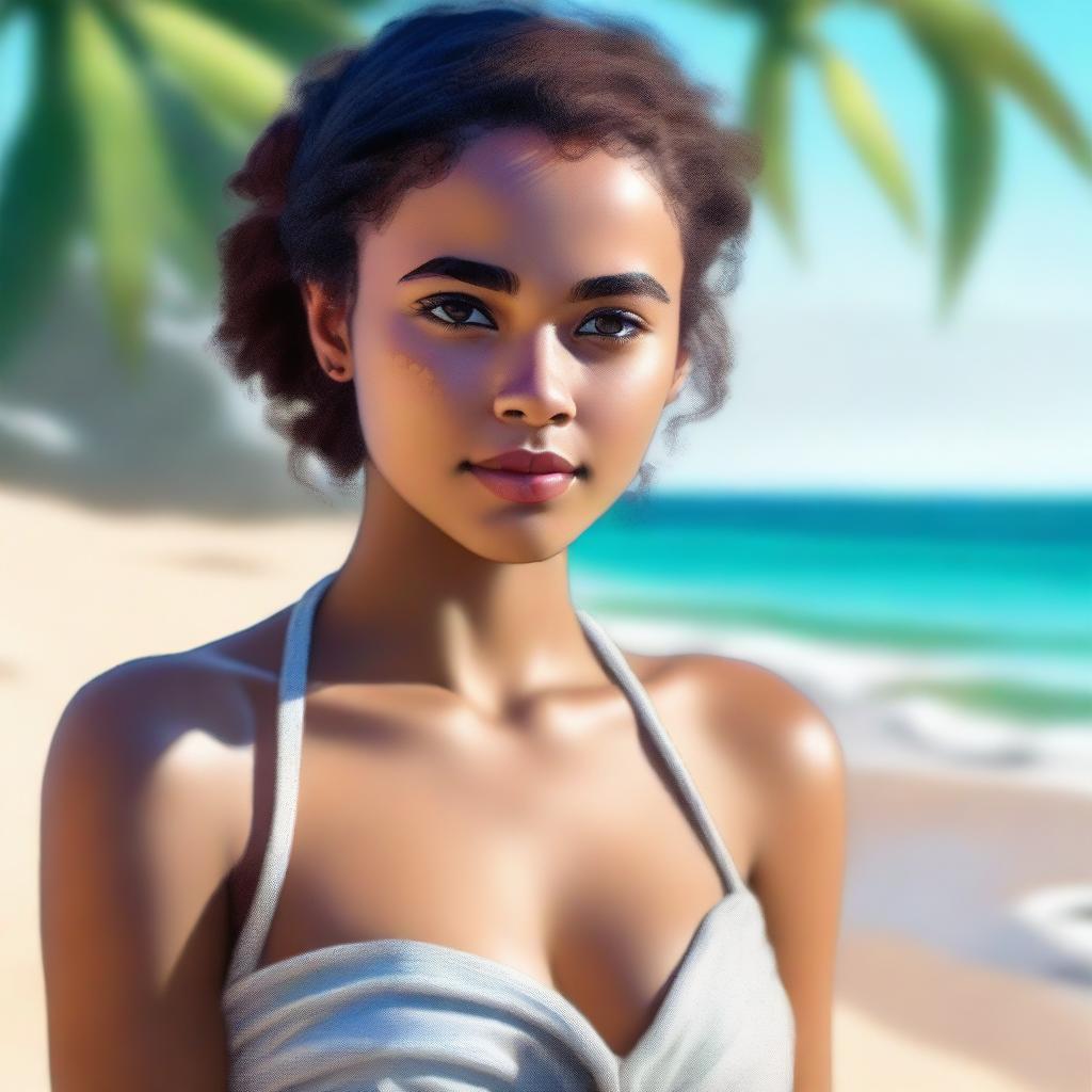 A lifelike, high-resolution digital painting depicts an attractive 18-year-old girl with light brown skin on a sandy beach