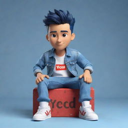 Construct a 3D illustration of a fashionably dressed animated character, with the phrase 'med kas' on the right. The character is wearing a trendy denim jacket and sneakers, casually seated on the 'YouTube' logo.