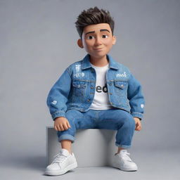 Generate a 3D illustration of an animated character stylishly dressed in a denim jacket and sneakers with the phrase 'med kas' displayed on the right, seated casually on the YouTube logo.