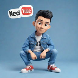 Generate a 3D illustration of an animated character stylishly dressed in a denim jacket and sneakers with the phrase 'med kas' displayed on the right, seated casually on the YouTube logo.