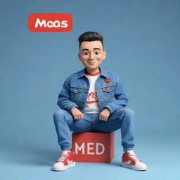 Generate a 3D illustration of an animated character stylishly dressed in a denim jacket and sneakers with the phrase 'med kas' displayed on the right, seated casually on the YouTube logo.