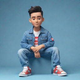 Generate a 3D illustration of an animated character stylishly dressed in a denim jacket and sneakers with the phrase 'med kas' displayed on the right, seated casually on the YouTube logo.