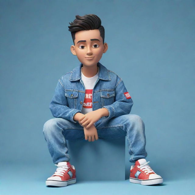 Generate a 3D illustration of an animated character stylishly dressed in a denim jacket and sneakers with the phrase 'med kas' displayed on the right, seated casually on the YouTube logo.