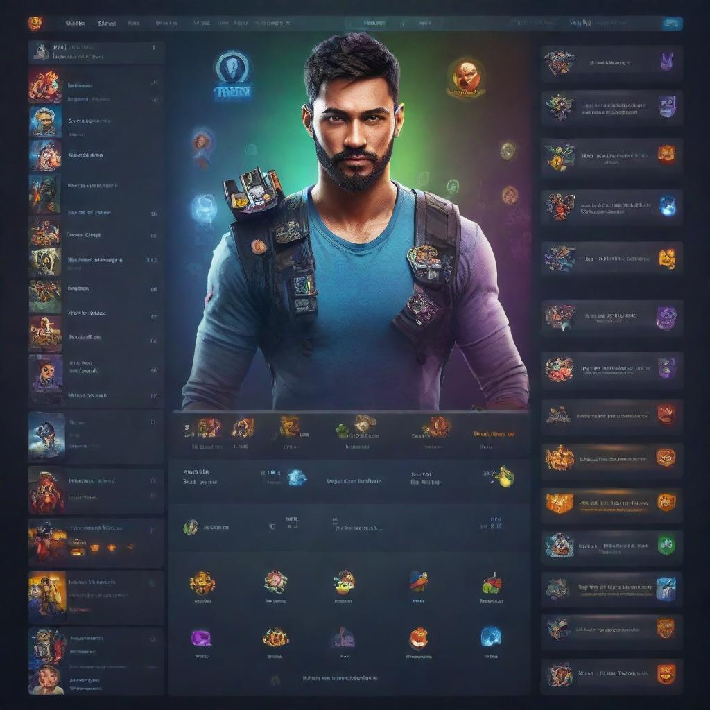 A detailed gaming profile with a cool avatar, high score charts, trophy rack, multi-color gaming background, and favorite games icons