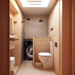 Interior design for a 5.4 cubic meter bathroom, including a toilet with privacy partition and washing machine, efficient space utilization