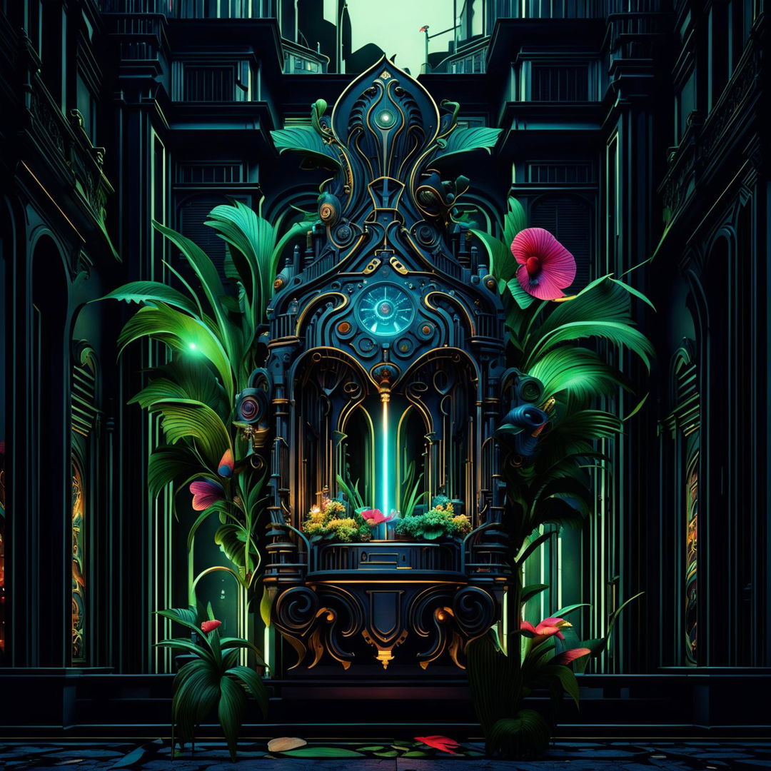 A hyper-realistic 3D rococo-inspired scene with a cyberpunk twist, featuring an eerie, futuristic, mechanical amulet of light. The backdrop is a blend of rococo architecture and a neon-lit cyberpunk cityscape. Vibrant, mechanically-styled flowers bloom amidst the chaos, contributing to the overall eerie fantasy vibe.