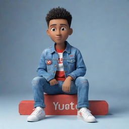 Construct a 3D illustration of an animated character, stylishly attired in a denim jacket and sneakers, bearing the phrase '"YouTube"' on the right side, seated somewhere yet to be defined.