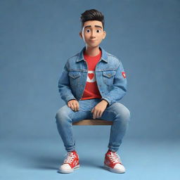 Construct a 3D illustration of an animated character, stylishly attired in a denim jacket and sneakers, bearing the phrase '"YouTube"' on the right side, seated somewhere yet to be defined.