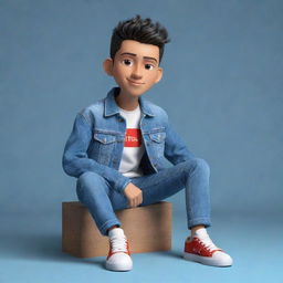 Construct a 3D illustration of an animated character, stylishly attired in a denim jacket and sneakers, bearing the phrase '"YouTube"' on the right side, seated somewhere yet to be defined.