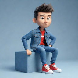 Construct a 3D illustration of an animated character, stylishly attired in a denim jacket and sneakers, bearing the phrase '"YouTube"' on the right side, seated somewhere yet to be defined.