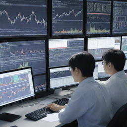 A dynamic anime-style scene of Forex trading, depicting characters intensely observing numerous trading screens, surrounded by charts and financial data.