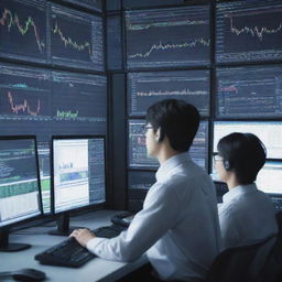 A dynamic anime-style scene of Forex trading, depicting characters intensely observing numerous trading screens, surrounded by charts and financial data.