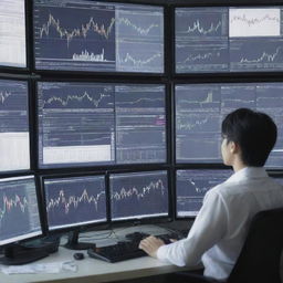 A dynamic anime-style scene of Forex trading, depicting characters intensely observing numerous trading screens, surrounded by charts and financial data.