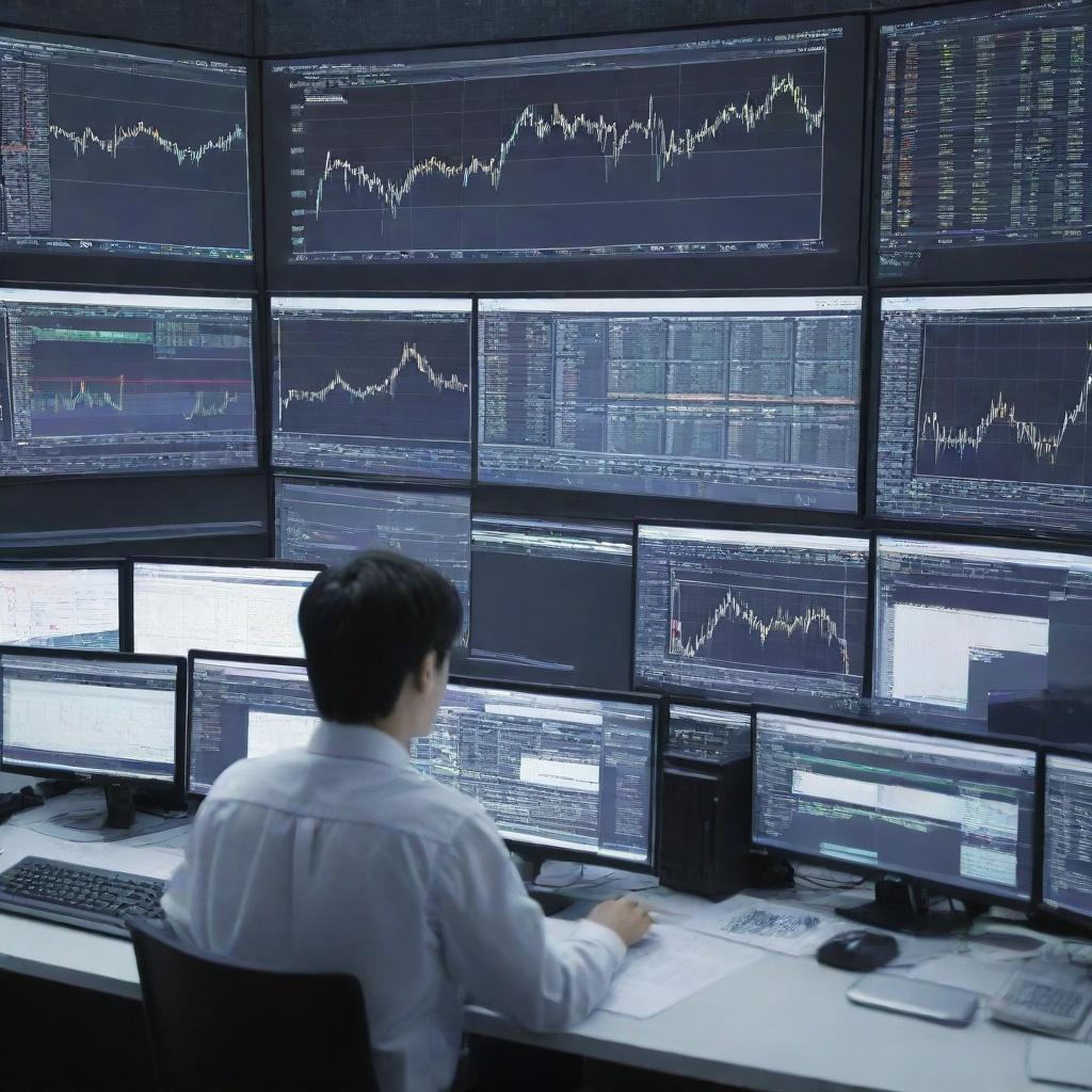 A dynamic anime-style scene of Forex trading, depicting characters intensely observing numerous trading screens, surrounded by charts and financial data.