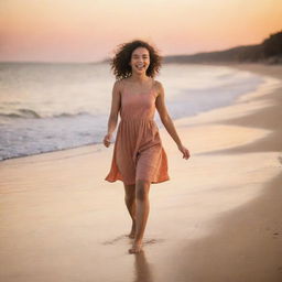 A cheerful girl joyfully strolling on a tranquil beach during sunset, featuring warm colors and soft lighting