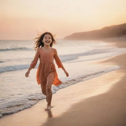 A cheerful girl joyfully strolling on a tranquil beach during sunset, featuring warm colors and soft lighting