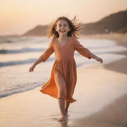 A cheerful girl joyfully strolling on a tranquil beach during sunset, featuring warm colors and soft lighting