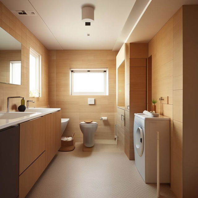 Design a 5.4 cubic meter bathroom with integrated toilet and washing machine, including a discrete partition for the toilet area