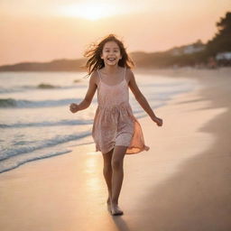 A cheerful girl joyfully strolling on a tranquil beach during sunset, featuring warm colors and soft lighting