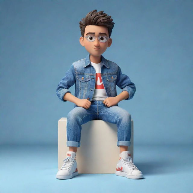 Construct a 3D illustration of an animated character, stylishly dressed in casual fashionable attire like a denim jacket and sneakers, labeled with the phrase 'YouTube', seated on an unspecified object.