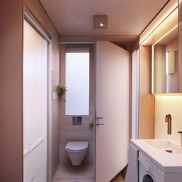 Design a 5.4 cubic meter bathroom with integrated toilet and washing machine, including a discrete partition for the toilet area