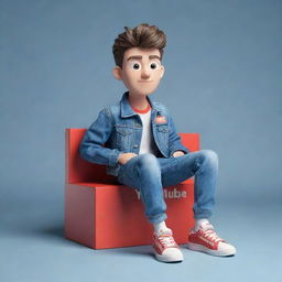 Construct a 3D illustration of an animated character, stylishly dressed in casual fashionable attire like a denim jacket and sneakers, labeled with the phrase 'YouTube', seated on an unspecified object.