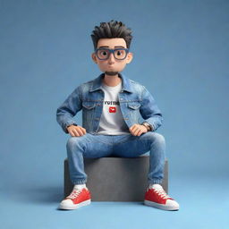 Construct a 3D illustration of an animated character, stylishly dressed in casual fashionable attire like a denim jacket and sneakers, labeled with the phrase 'YouTube', seated on an unspecified object.